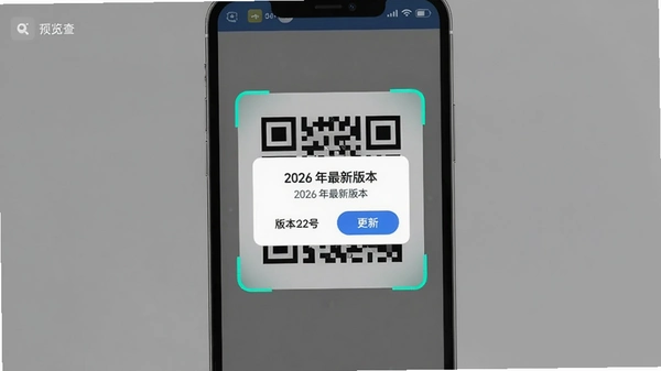 二维码扫码查版本软件界面预览图,手机屏幕中央显示一个二维码扫描框,扫描成功后弹出“2026 年最新版本”的弹窗,下方有版本号和更新按钮,背景简洁清晰