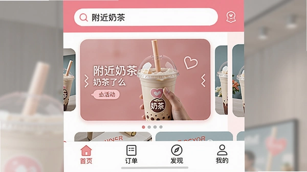 奶茶了么 app 首页截图,顶部搜索框显示“附近奶茶”,中部轮播优惠活动,底部导航栏有“首页、订单、发现、我的”四个图标,整体为粉色系风格