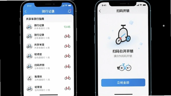 共享单车骑行指南App的骑行记录列表界面和扫码开锁操作预览图