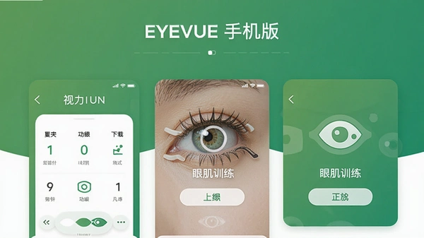 EYEVUE�ֻ���app����ҳ�棬չʾ�������ԡ��ۼ�ѵ���Ⱥ��Ĺ��ܵ�Ԥ��ͼ������Ϊ������ɫ��������������