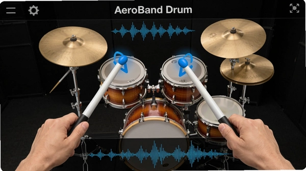 AeroBand Drum app 的虚拟架子鼓演奏界面,用户手持蓝牙鼓棒进行击打,屏幕上显示鼓组布局与波形反馈