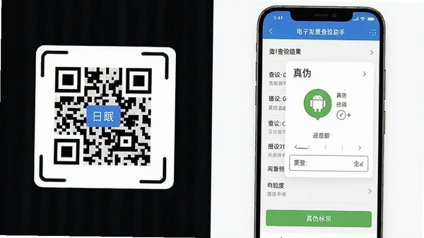 电子发票查验帮手App安卓版下载界面截图,展示扫码框、查验结果页和真伪标识,背景为手机屏幕,画面清晰简洁,无乱码文字