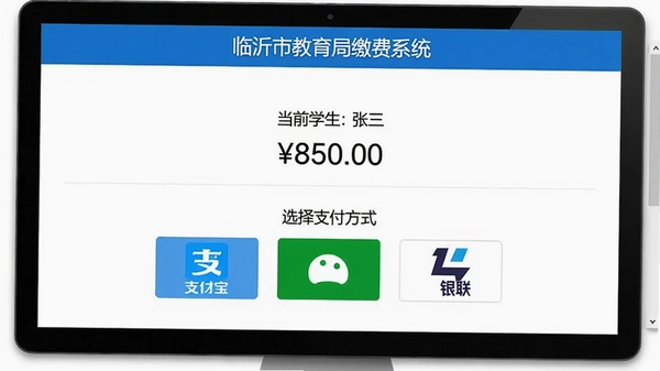 临沂市教育局缴费系统PC端缴费界面截图, 顶部显示“临沂市教育局缴费系统”蓝色导航栏, 中间有“当前学生:张三”和待缴费金额“850.00”, 下方“选择支付方式”三个图标按钮(支付宝、微信、银联), 界面清爽无广告