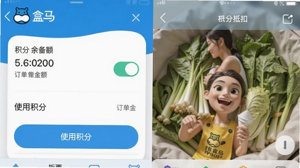 盒马APP积分抵扣结算界面,显示积分余额和抵扣开关,订单金额下方有“使用积分”选项。