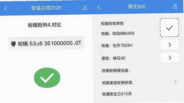 bi��Ӧ��2026�ֻ��氲װ��ȫУ������ͼ��չʾ��ϣֵ�Ա���Ȩ���б�����ɫ�Ժű�ʾ��֤ͨ����