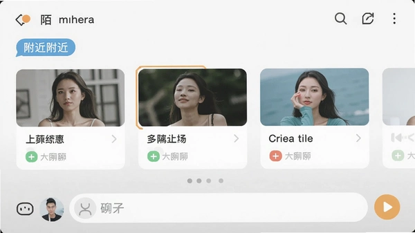 陌陌附近人聊天功能预览图,展示主界面附近标签、用户卡片和聊天输入框,风格简洁清晰,无乱码文字