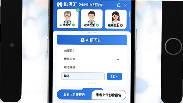 ��ҽ��app24Сʱ������ѯ���棬������ʾ����ҽ���б���������AIԤ���������д�����ײ�Ϊ�����ϴ�Ӱ�񱨸�Ŀ�ݰ�ť���������������ɫ����������������