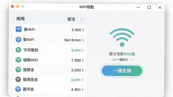 WiFiԿ��һ����������������չʾ��������ΧWiFi�б���һ�����Ӱ�ť���ź�ǿ��ͼ�꣬����������