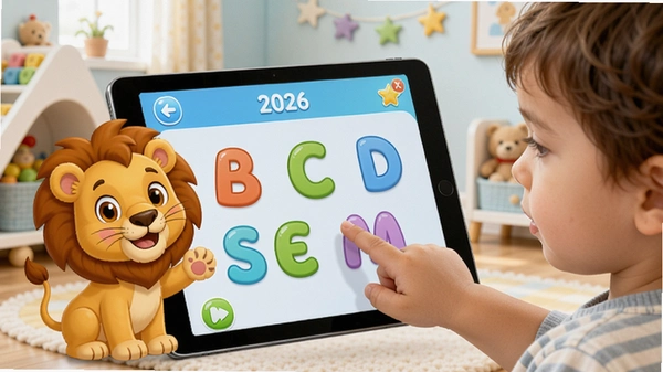 �׶�Ӣ������APP 2026��ѧϰ���棬һ��3�����Һ�ͯ��ָ����ƽ����Ļ�ϵĲ�ɫ��ĸ���Ա��п�ͨСʨ��΢Ц����������Ϊ��͵Ķ�ͯ����������ܰ������������������������