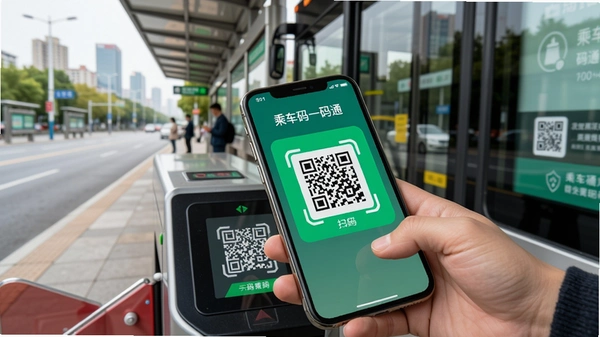 乘车码一码通APP首页乘车码扫码界面,用户正将手机靠近公交闸机,屏幕上显示清晰二维码,背景为城市公交站台,整体明亮简洁,文字为中文“乘车码一码通”