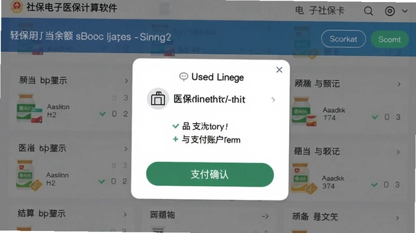 社保电子医保计算软件的电子社保卡在线结算界面示意图,展示用户点击结算后弹出医保账户余额与支付确认按钮,背景为药品列表。