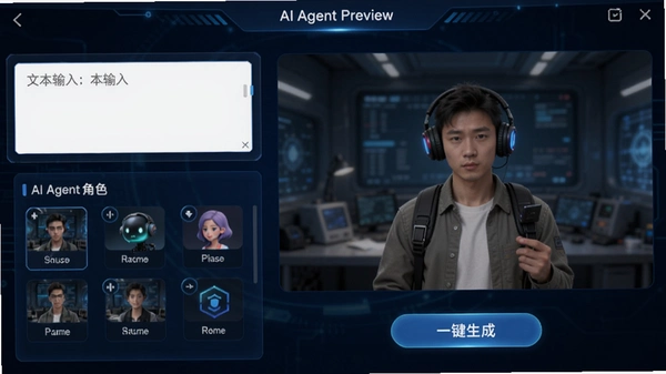 AI Agent��Ƶ����app������Ԥ�������Ϊ�ı��������AI Agent��ɫѡ�������Ҳ�ΪʵʱԤ�����ڣ��ײ�Ϊһ�����ɰ�ť�������������ɫ�Ƽ���UI��