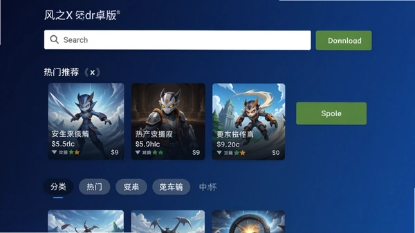 展现风之X安卓版下载页面的完整截图,包含搜索栏、热门推荐卡片、分类标签以及绿色下载按钮,界面采用深蓝色渐变背景,元素布局清晰整洁