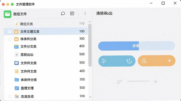 微文件管理软件界面预览图,展示微信文件分类列表与导出、清理按钮,布局清晰