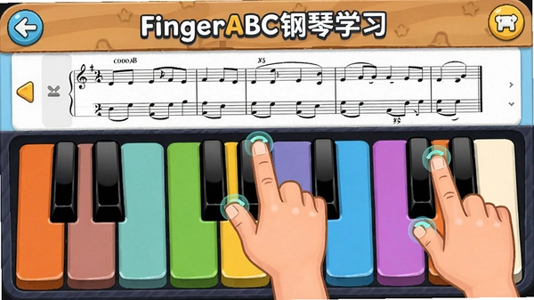 FingerABC����ѧϰ�������棬��ɫ�ټ�����ʾ��ָλ�ö�������ϰ���ף���ͨ��񣬻�������������