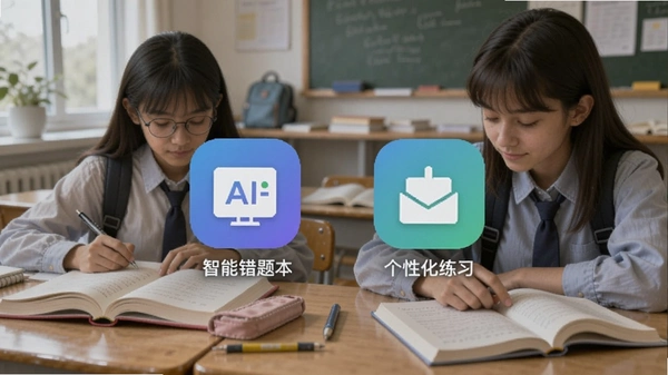 吉AI学app安卓版主界面,展示智能错题本和个性化练习功能图标,背景为学生学习场景