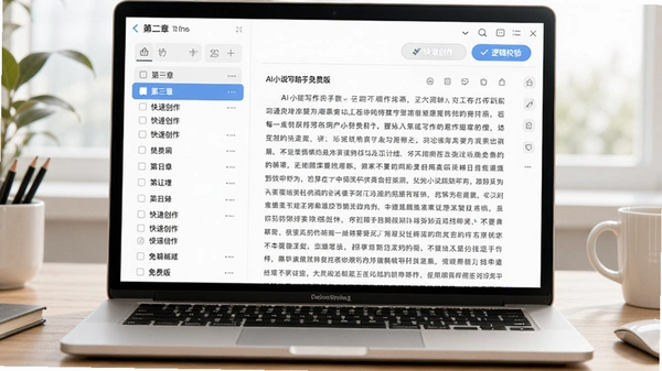 一个笔记本电脑屏幕上显示AI小说写作助手免费版的写作界面,左侧是章节列表,右侧是正在编辑的小说正文,顶部有“快速创作”和“逻辑校验”按钮,整体风格简洁明亮