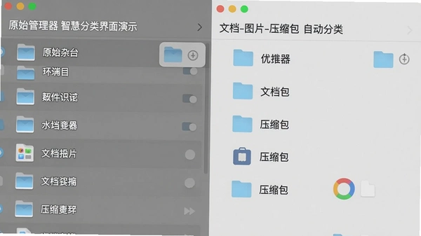ai文件管理器智慧分类界面演示,左侧原始杂乱文件列表,右侧按“文档-图片-压缩包”自动分类后的整洁目录,界面简约,中文标签清晰,无乱码