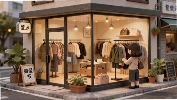 街角服装店小院游戏预览图:温馨的街角小店内部,玻璃橱窗展示时尚女装,门口有绿植和招牌,暖色灯光下顾客正在挑选衣服