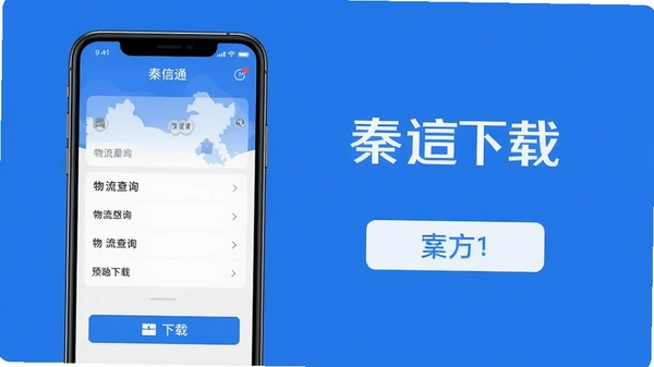 秦信通app官方下载界面预览图,包含手机屏幕上的物流查询功能和下载按钮,背景为简约蓝色,文字清晰无乱码。