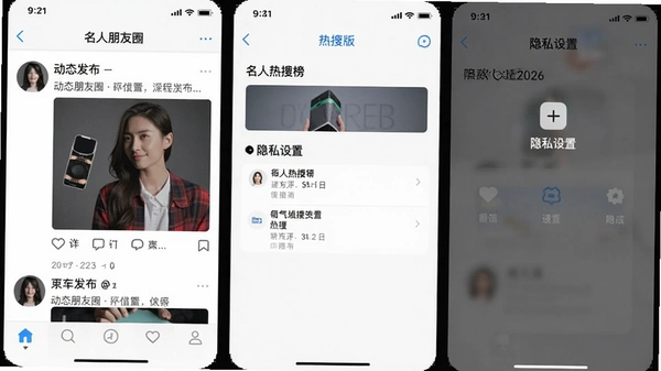 名人朋友圈2026最新版主界面,展示动态发布页、热搜榜和隐私设置入口
