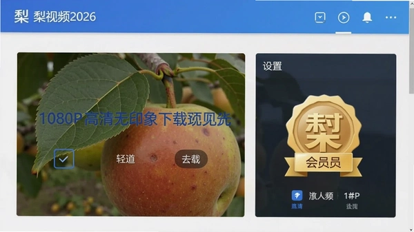梨视频2026高清无水印下载界面预览图,显示设置中1080P选项和会员标识,界面以蓝白色系为主,无乱码字符。