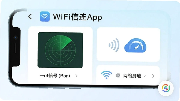 WiFi����app�ٷ������ؽ��棬�ֻ���Ļչʾ�����ܣ�����һ�����ӡ��ź��״������ٵ�ģ�飬���������UI��ƣ�����Ϊǳɫ����