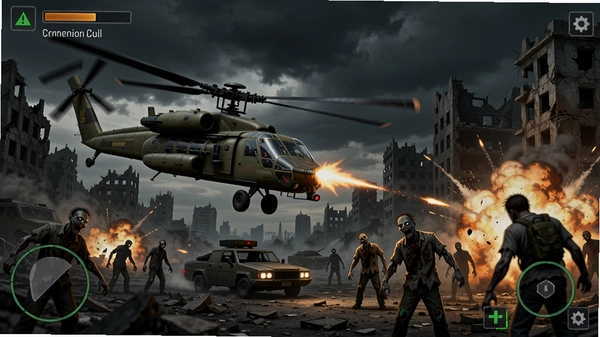 A military helicopter gunship firing at zombies in a ruined city, dark sky, explosions, game interface, realistic style, high resolution