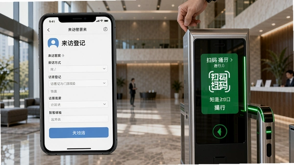 ���ùܼ�App�ÿ͵Ǽ����Ž��������Ĺ���չʾͼ�����Ϊ�ÿ���д���÷�ʽ�������Ҳ�Ϊ�Ž�ɨ��ɹ������ɫͨ����ʾ������Ϊ�칫¥���ó���