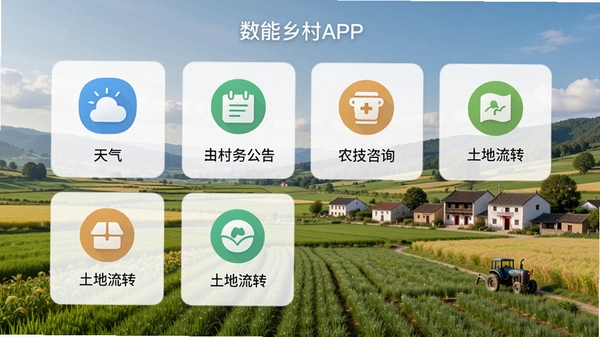 数智乡村APP主界面功能模块预览图,展示首页的天气、村务公告、农技咨询、土地流转等图标布局,背景为乡村田野风光,整体风格简洁清晰