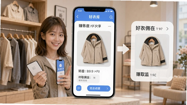 店主在好衣库App内分享商品赚取佣金的流程示意图