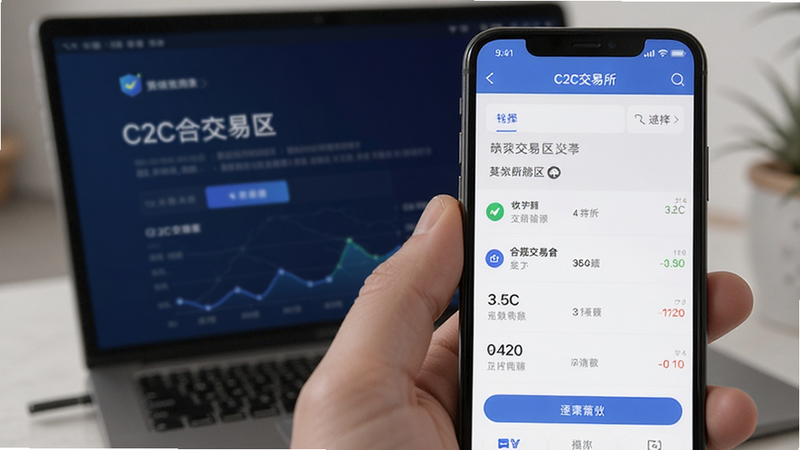 手机展示某合规交易所的C2C交易区选择商家界面