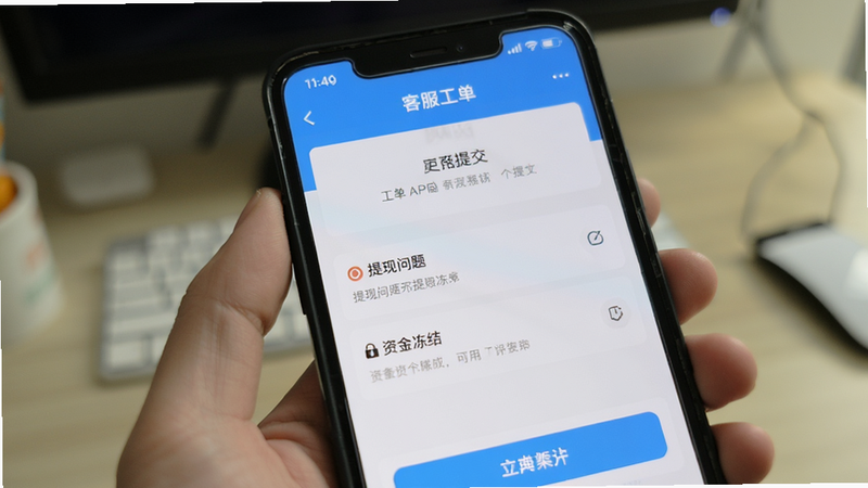 �ֻ���Ļ����ʾ�ٷ�APP�Ŀͷ������ύҳ�棬�б����С��������⡱�͡��ʽ𶳽ᡱѡ��