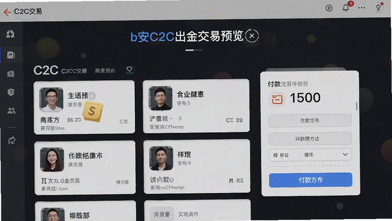 C2C交易界面,展示商家列表和付款方式,名称:b安C2C出金交易预览图