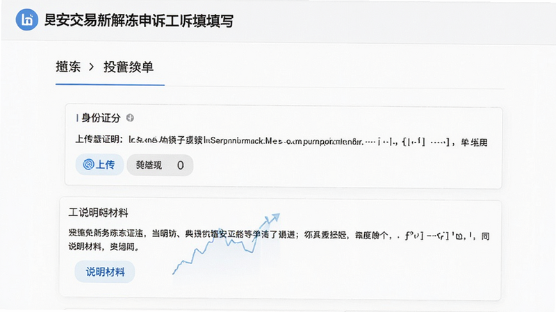 b安交易所解冻申诉工单填写页面,显示上传身份证明和说明材料
