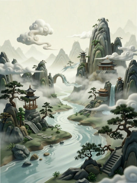 3D空间效果壁纸古风山水预览图