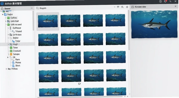 Billfish素材管理界面截图,左侧分类树,中间缩略图,右侧预览面板