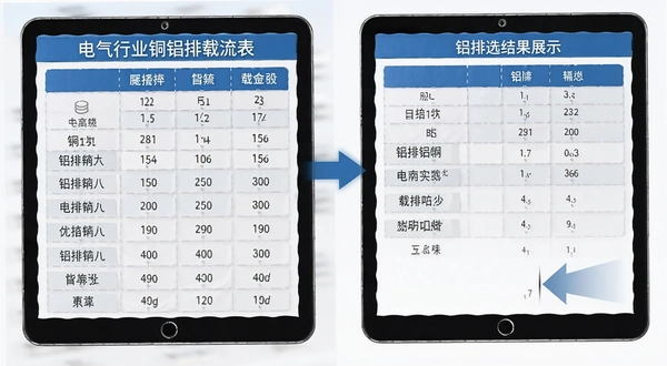 电气行业铜铝排载流表查询工具 铝排选型结果展示