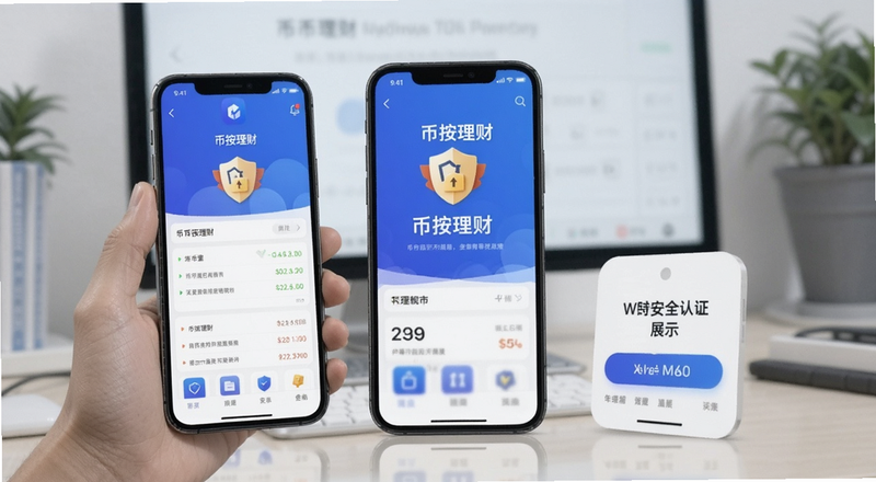 币按理财APP界面与安全认证展示图