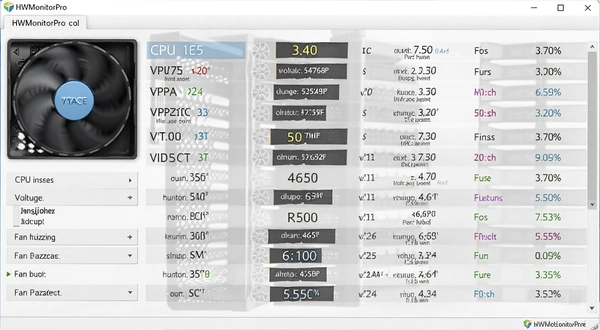 HWMonitorPro ��̨ʽ���ϵ�����ؽ��棬��ʾCPU�¶ȵ�ѹ�Լ�����ת���б�