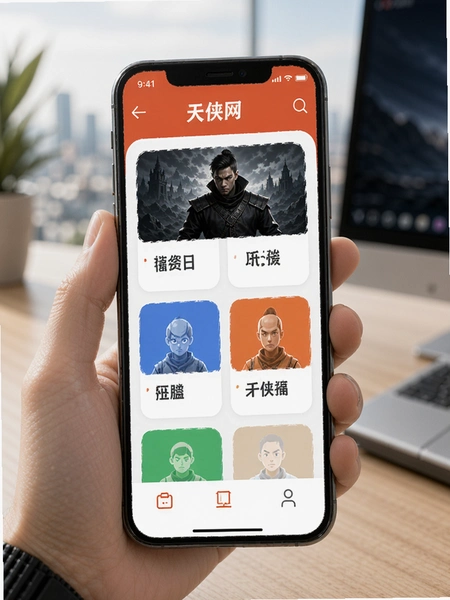 手机展示天侠网APP界面功能模块