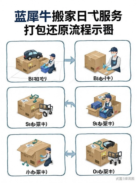 蓝犀牛搬家日式服务打包还原流程示意图