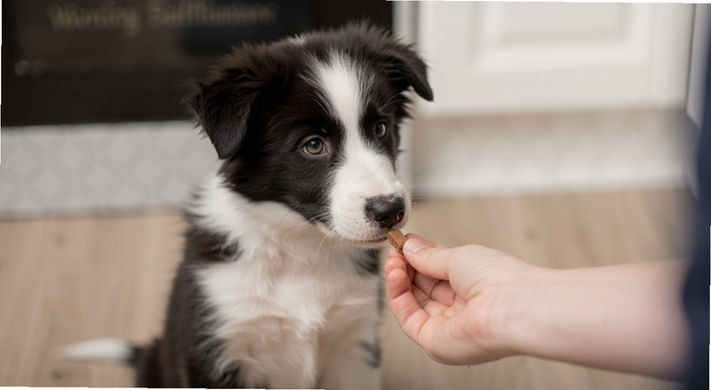 边牧幼犬专注看着主人手里的零食|边牧训练零食奖励预览图