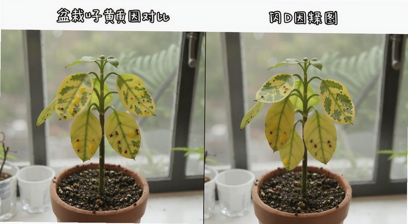 盆栽叶子发黄原因对比图