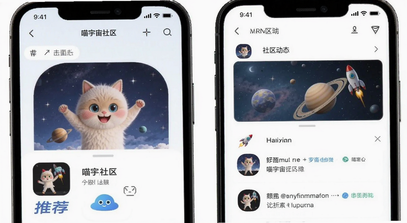 喵宇宙社区App首页推荐和社区动态界面